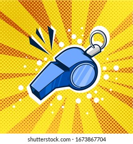 Vector hand drawn cartoon illustration of whistle isolated on pop art background with many dots