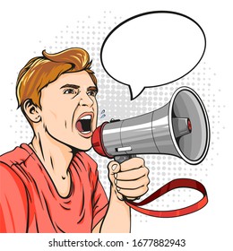 Vector hand drawn cartoon illustration of screaming man wit megaphone and place for text