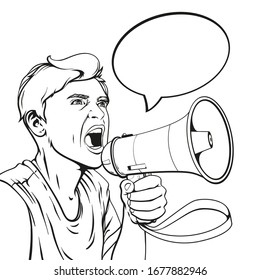 Vector hand drawn cartoon illustration of screaming man wit megaphone and place for text