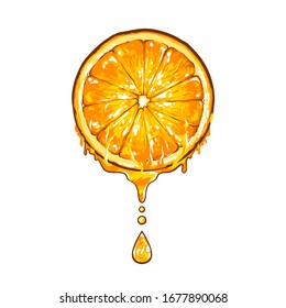 Vector hand drawn cartoon illustration of slice of orange and drop of juice