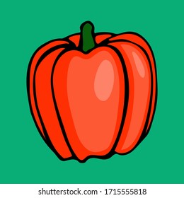 Dibujo gráfico hecho a mano por vectores de pimiento rojo. Esbozo de verduras de granja y huerto, temporada de cosecha. Icono aislado en fondo verde