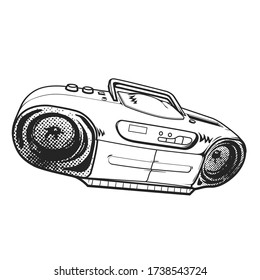 Vector hand drawn cartoon illustration of old vintage record player, line art illustration, black and white version isolated on white background