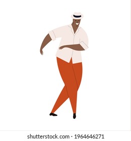 Vector Hand Drawn Cartoon Illustration Of Latino, Carribean. African Man Dancing Mambo, Bachata, Salsa, Merengue Moving Having Fun.