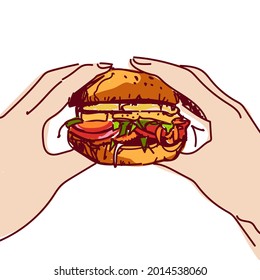 Dibujo gráfico de las manos humanas con hamburguesa, ilustración vectorial