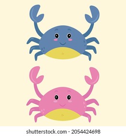 Vector hand drawn cartoon illustration of a two cute smiling happy crabs, lifting up claws, isolated on white background