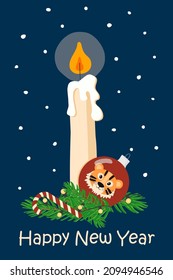 Vector hand drawn cartoon illustration of a burning candle and happy new year 2022 of a tiger greeting