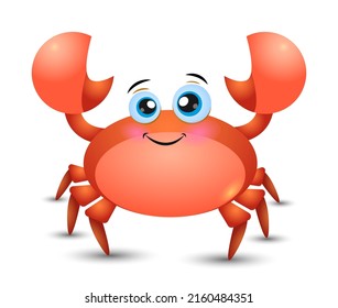 Vector hand drawn cartoon illustration of a cute smiling happy crab raising its claws isolated on a white background. Funny smiling crab character vector illustration. Emoji.