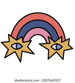 Vector hand drawn cartoon illustration of rainbow with eyes icon