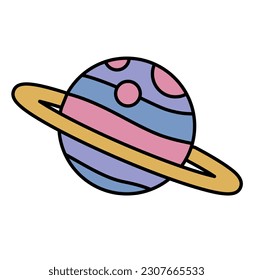 Vector hand drawn cartoon illustration slice of purple planet with a purple ring around it icon