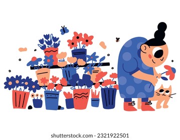 Vector hand drawn cartoon illustration of woman in flower shop and cat