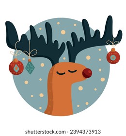 Vector hand drawn cartoon illustration of cute christmas deer