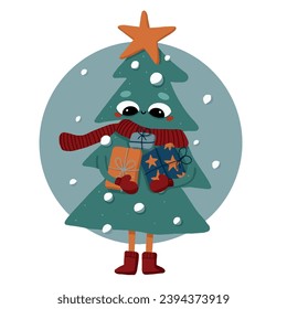 Vector hand drawn cartoon illustration of cute christmas tree with gifts