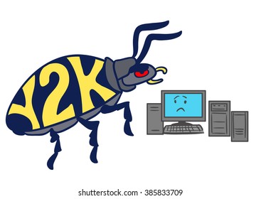 Dibujo a mano del vector ilustra un enorme error del milenio Y2K arrastrándose hacia una computadora de aspecto asustado, aislada en blanco. 