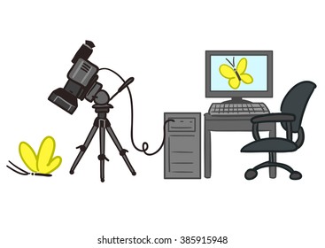 Vector hand drawn cartoon illustration of video rendering process with video camera tethered to PC, taking video of a butterfly and the video being displayed on computer screen