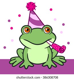 Vector hand drawn cartoon illustration of a friendly green frog in a pink and purple party hat with a pom-pom, with a party blower horn in its mouth, against purple and white background with pink dots