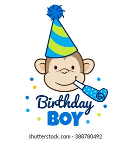 Vector Hand Drawn Cartoon Illustration Of A Happy Monkey Face In A Party Hat With Party Blower Horn In Mouth, With Words 