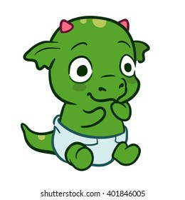 Vector hand drawn cartoon illustration of a cute sitting baby monster dragon mascot character wearing a diaper isolated on white. Birthday, new baby and baby shower theme design element