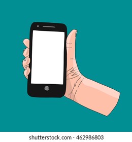 Vector hand drawn cartoon illustration of mobile phone in hand