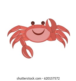 Vector hand drawn cartoon illustration of a cute smiling happy crab character, lifting up claws, isolated on white background.