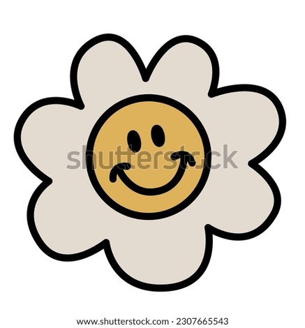 Vector hand drawn cartoon illustration of retro flower with smiley face