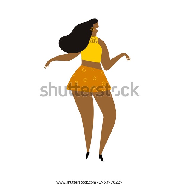 Vector hand drawn cartoon illustration of latino,\
carribean. african woman dancing mambo, bachata, salsa, merengue\
moving having fun.