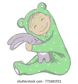 Vector hand drawn cartoon little baby in pajama embraces his toy