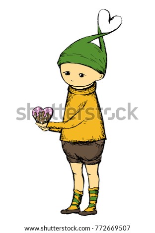 Vector hand drawn cartoon little boy holds cake heart
