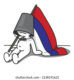 Vector of hand drawn cartoon man with a bucket on his head against the background of the Russian flag. He tries to hide from political news, as he is tired of them. 