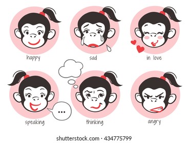 Vector hand drawn cartoon mascot character emoji sticker set of a pretty monkey girl face showing different expressions