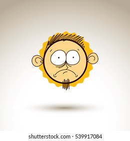 Caricatura dibujada a mano del vector melancólico chico. Elemento de diseño gráfico de tema de avatar web aislado en blanco. Dibujo artístico de ideas de conversación social.