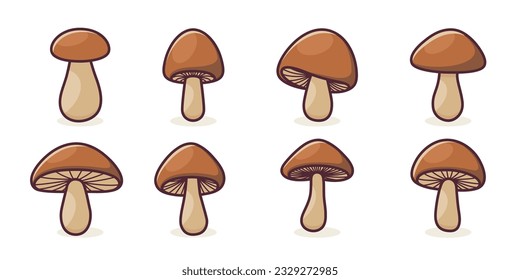 Vector Hand Drawn Cartoon Mushroom with Outline Icon Set Isolated. Brown Edible Boletus Mushroom Illustration, Mushrooms Collection. Magic Mushroom Symbol, Design Template