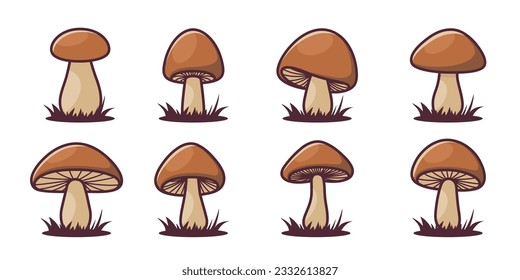 Vector Hand Drawn Cartoon Mushroom with Outline Icon Set Isolated. Brown Edible Boletus Mushroom Illustration, Mushrooms Collection. Magic Mushroom Symbol, Design Template