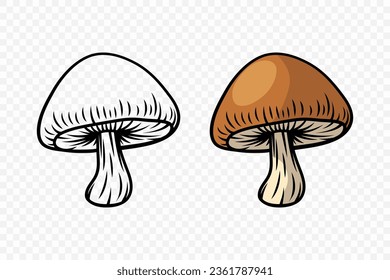 Vector Hand Drawn Cartoon Mushroom with Outline Icon Set Isolated. Mushroom Illustration, Mushrooms Collection. Magic Mushroom Symbol, Design Template