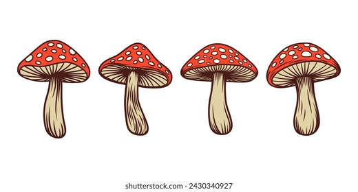 Vector Hand Drawn Cartoon Mushroom Icon Set. Amanita Muscaria, Fly Agaric Mushroom Design Template. Magic Mushroom Symbol, Clipart. Front View