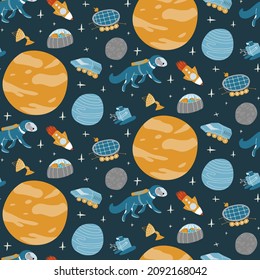 Vector hand drawn cartoon pattern of planet colonization. Dog astronaut, spaceship and futuristic vehicles for exploring space and uncharted planets and satellite.