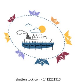 Vector hand drawn cartoon picture with  ship and cute paper colorful boats on white background. Concept for paper design, postcard, textile for kids, prints.