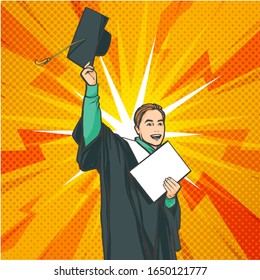 Vector hand drawn cartoon pop art illustration with happy student with diploma, vector illustration isolated on orange background with lights and dots