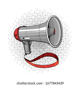 Vector hand drawn cartoon pop art illustration of megaphone with halftone background