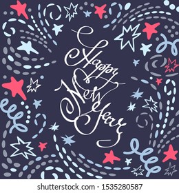 Vector hand drawn cartoon poster with fireworks, confetti, star in doodle style and handwriting lettering Happy New Year on  dark. Merry Christmas cute calendar, greeting card, holiday banner.