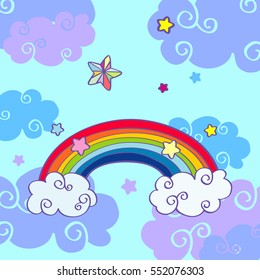 Vector hand drawn cartoon rainbow and clouds. Day with magic clouds illustration