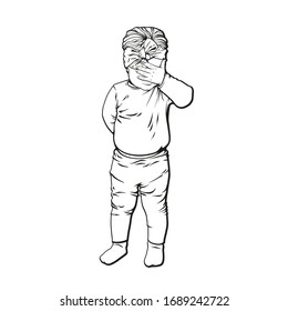 Vector hand drawn cartoon realistic illustration of little sad, shy girl, with ribbon on the head, isolated on white background