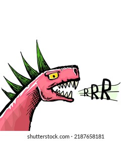 Vector hand drawn cartoon roaring dino head isolated on white background. Pink Dino punk rock star character with green Iroquois.