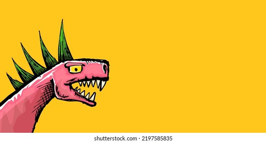 Vector Hand Drawn Cartoon Roaring Dinosaur Isolated On Orange Horizontal Background. Pink Dino Punk Rock Star Character With Green Iroquois And Open Mouth.