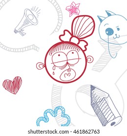 Vector hand drawn cartoon sad crying girl with modern haircut. Education theme graphic design elements isolated. Social conversation idea drawing.