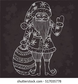Vector hand drawn vector cartoon Santa Claus. Happy new year. Holiday illustration Xmas. Doodle style. Merry Christmas. Logo, print, stamp, patch, design, wallpaper, textile, paper, decor, art. Eps10.