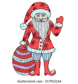 Vector hand drawn vector cartoon Santa Claus. Happy new year. Holiday illustration Xmas. Doodle style. Merry Christmas. Logo, print, stamp, patch, design, wallpaper, textile, paper, decor, art. Eps10.