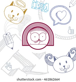 Caricatura dibujada a mano por vectores de una chica asustada con un corte de pelo moderno. Elementos de diseño gráfico de temas educativos aislados. Dibujo de ideas de conversación social.