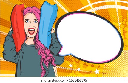 Vector hand drawn cartoon screaming woman, girl with two pillows and place for text, vector cartoon comics illustration isolated on yellow background with lights and dots, pop art style