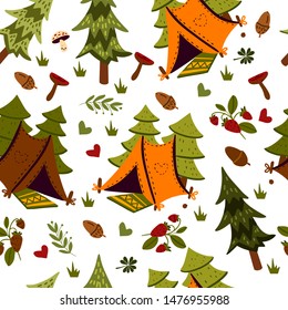 Vector hand drawn cartoon seamless pattern "camping" isolated on white featuring pines, grass, leaves, strawberry, hearts, acorn, mushrooms and tent