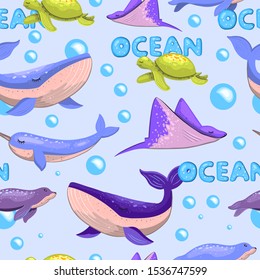 Vector hand drawn cartoon seamless pattern with whales, narwhals, turtles, stingrays and bubbles. For apparel, textile, wrapping paper, nursery posters.